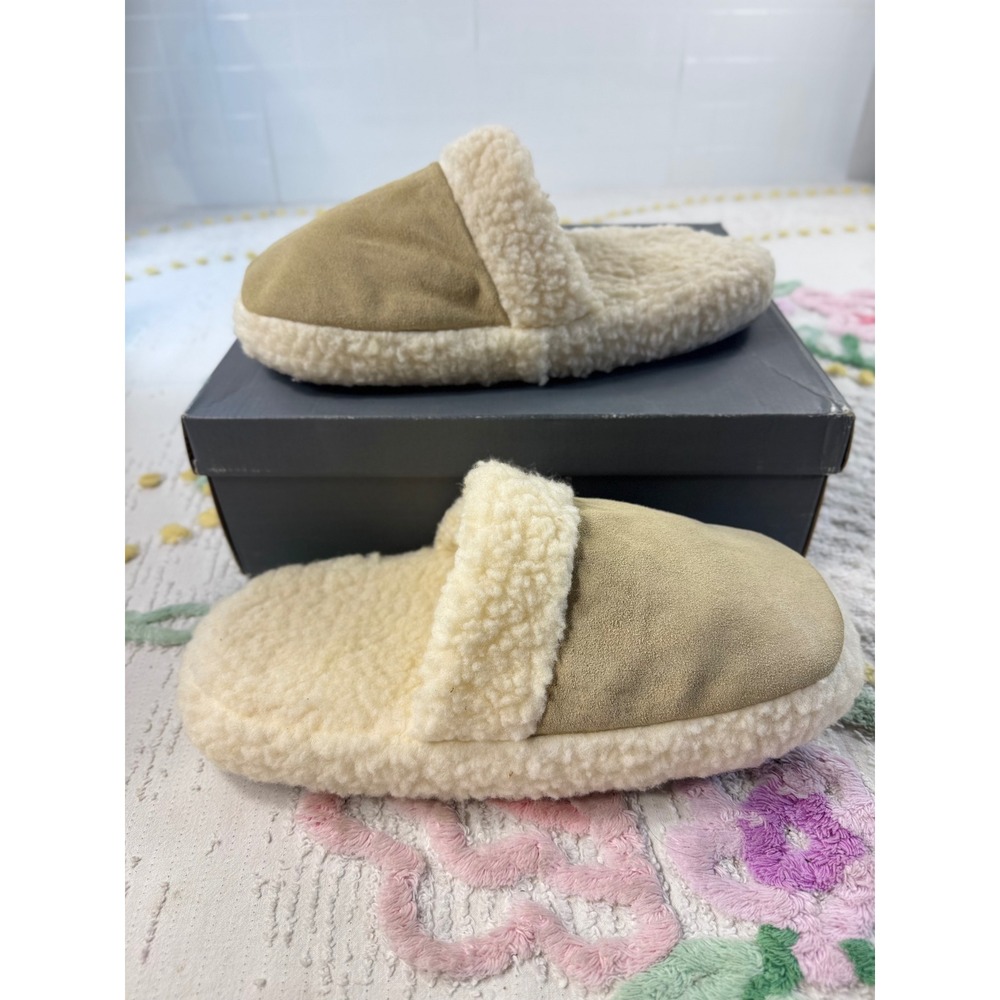 Komfort Kings Mens Tan Suede Faux Shearling Scuff Slippers Leather Sole Size 11